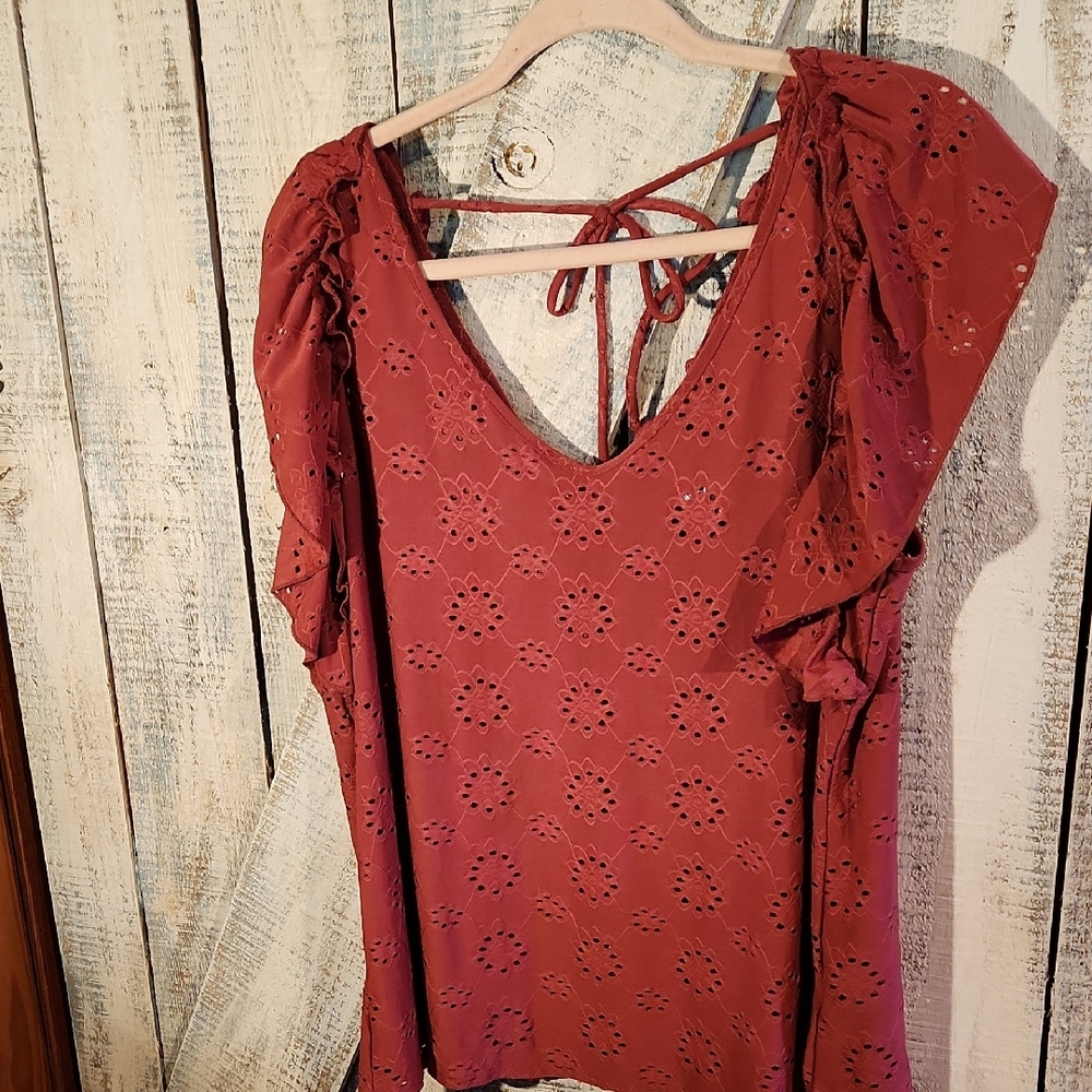 Perseption Red Ruched Cut Out Blouse